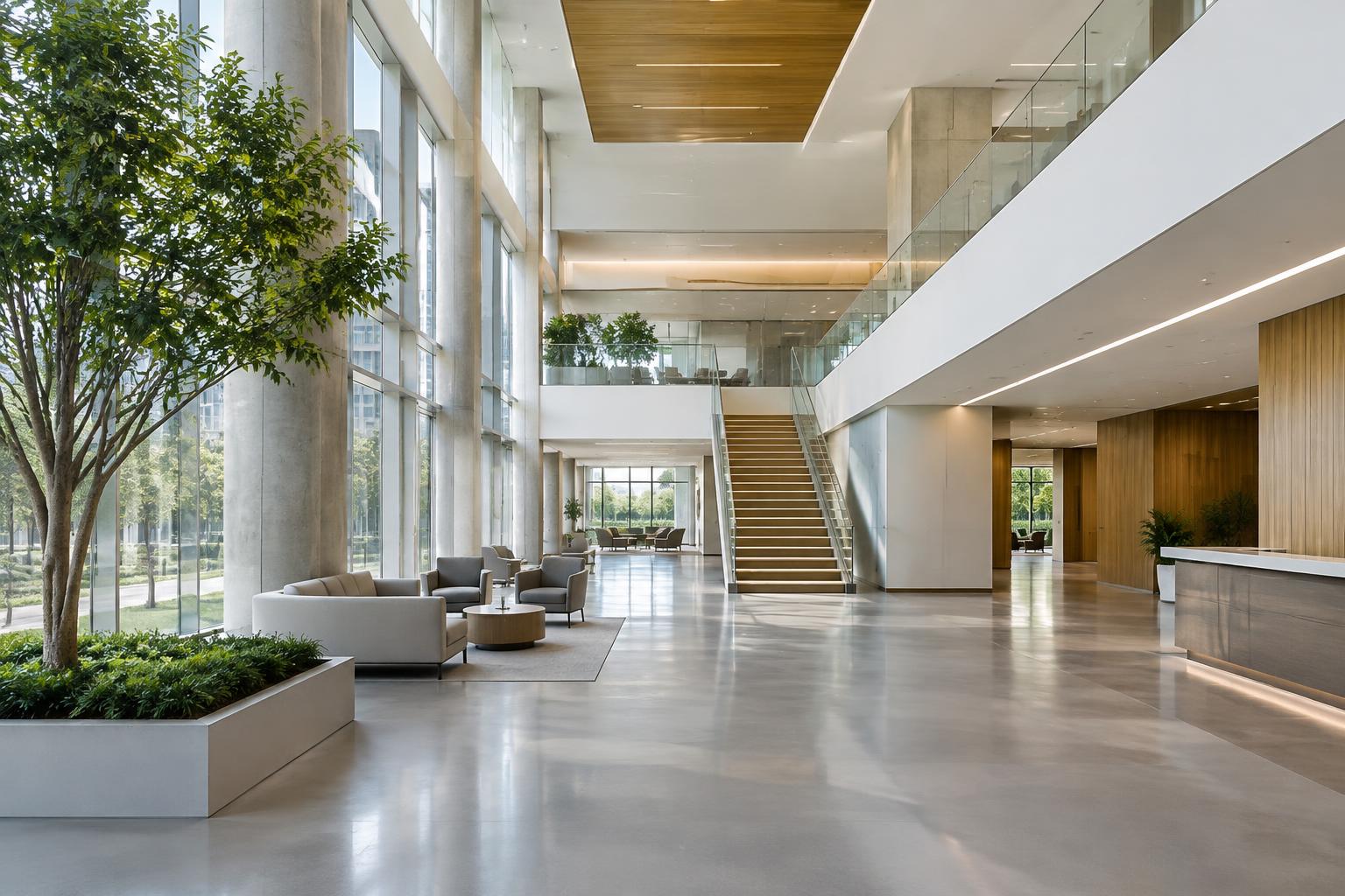 Bright, thoughtfully maintained commercial workplace atrium