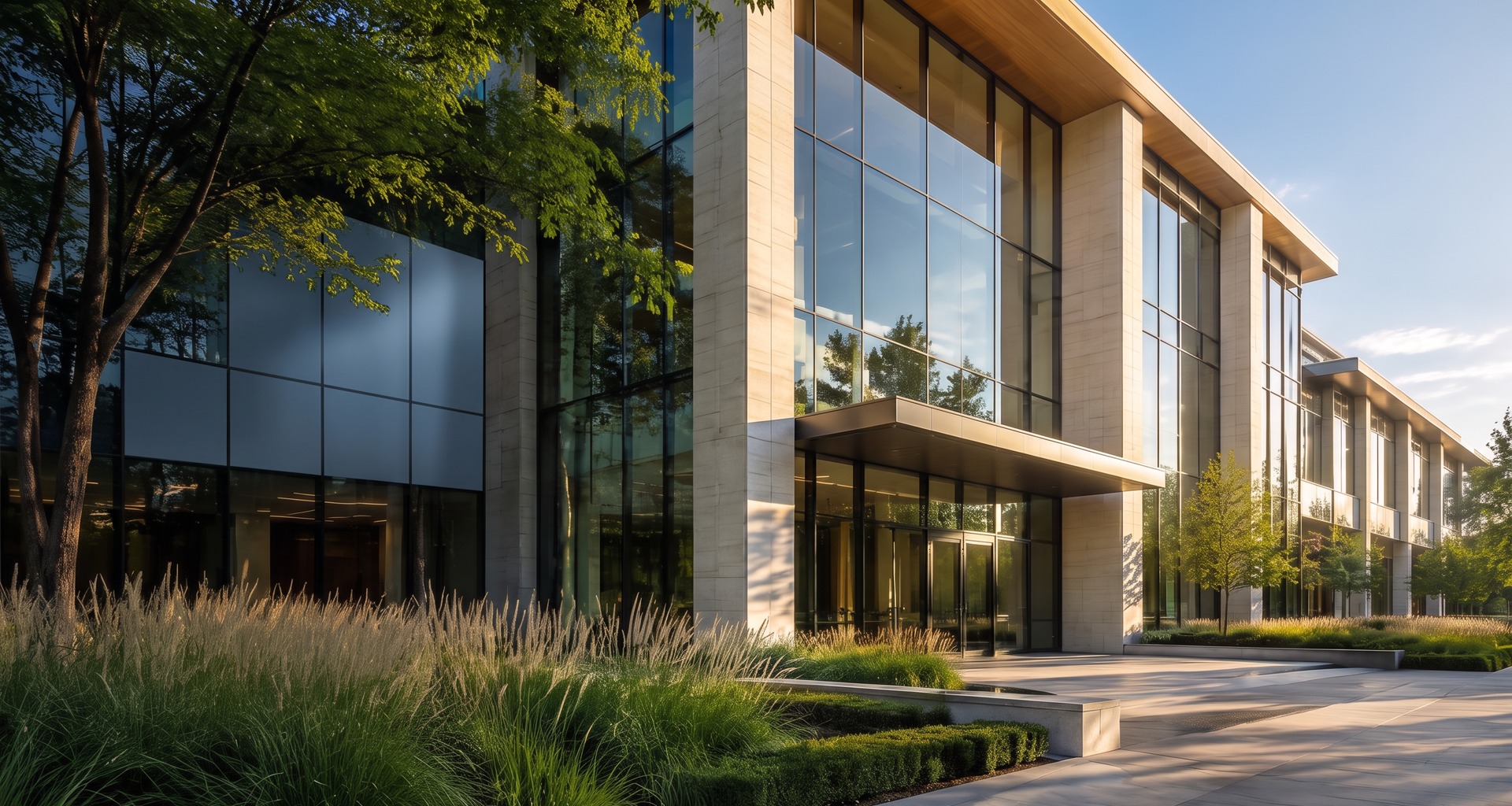 Modern commercial campus with glass façades and carefully maintained grounds